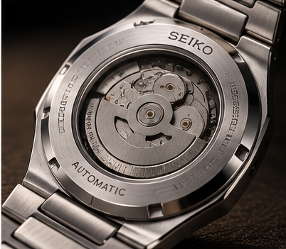 Mouvement automatique visible au dos d'une Seiko Mod