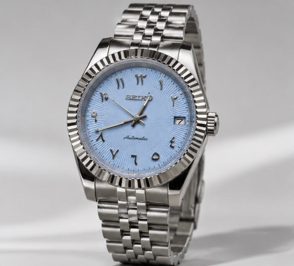 Seiko Mod Datejust Ice Blue avec bracelet argenté