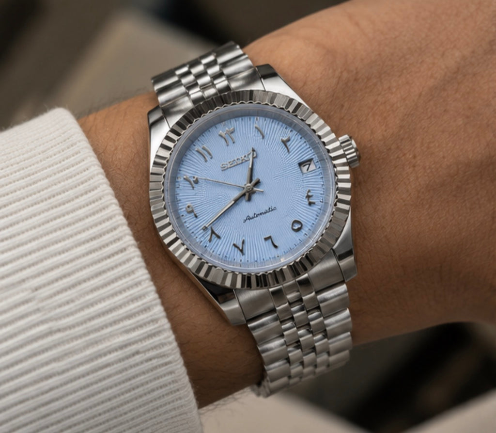 Seiko Mod Datejust Ice Blue portée au poignet