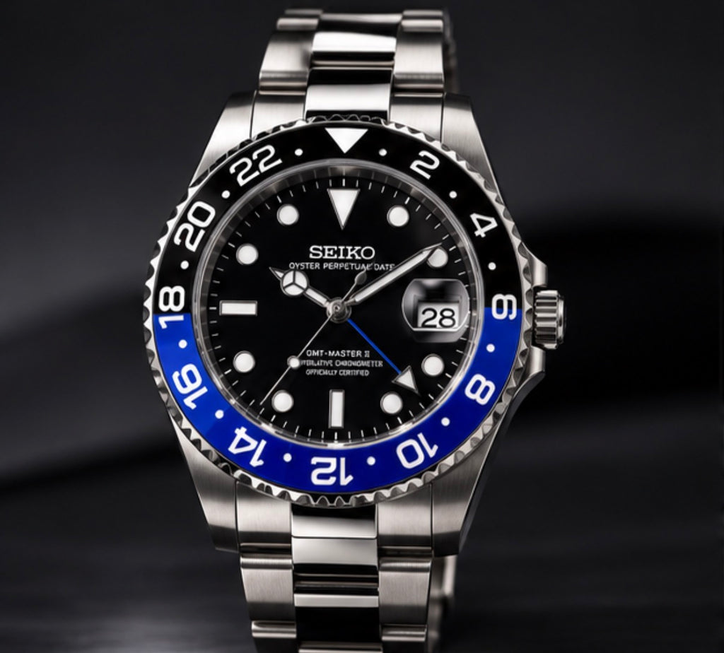 Seiko Mod GMT Black & Blue automatique avec bracelet argenté