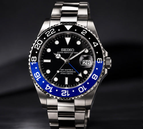 Seiko Mod GMT Black & Blue automatique avec bracelet argenté
