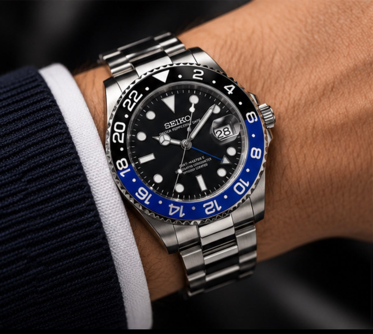 Seiko Mod GMT Black & Blue portée au poignet